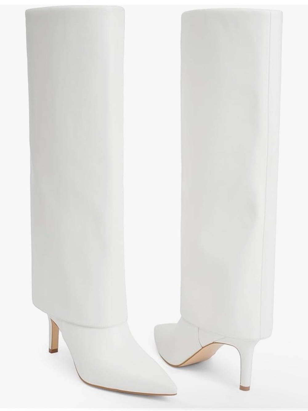 White Knee-High Pointed Toe Foldover Stiletto Heel Boots